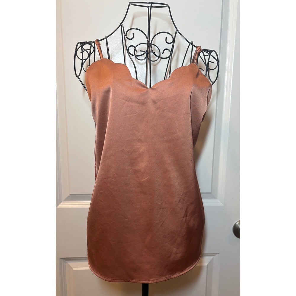 Monteau Los Angeles Scalloped Satin Cami Top - Copper Rust Brown - Large